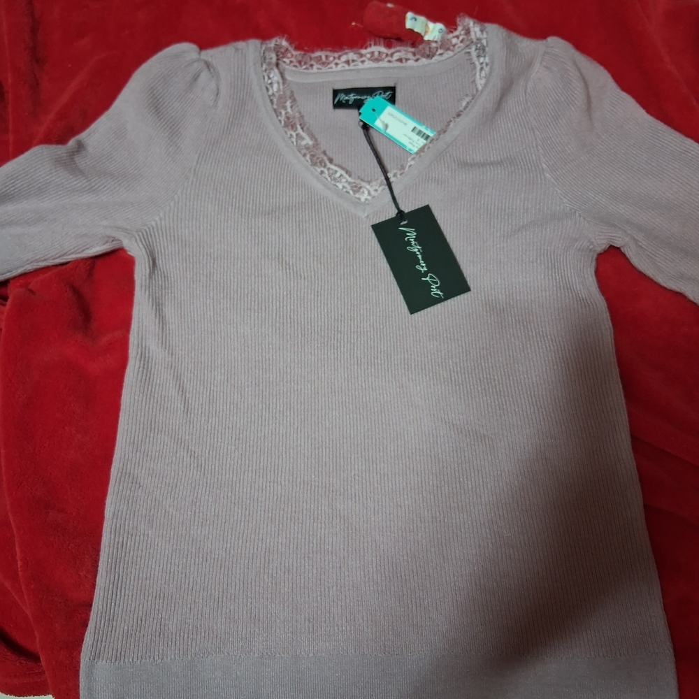 Women's Lace-Trim V-Neck Ribbed Sweater - Dusty Pink Size Small